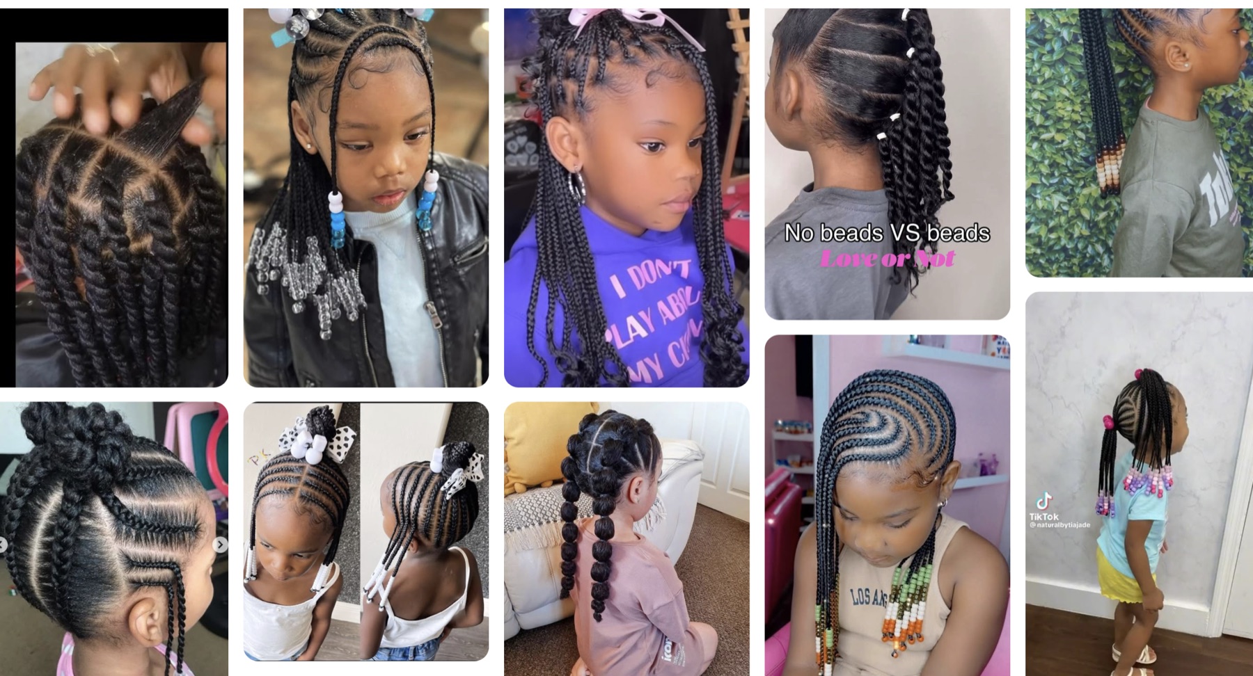 Collage of braided kids' hairstyles with and without beads — cornrows, bubble braids, and twists for inspiration