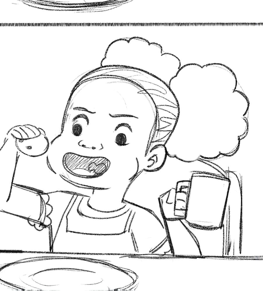 The girl crunching a snack with a mug in her hand, looking determined.