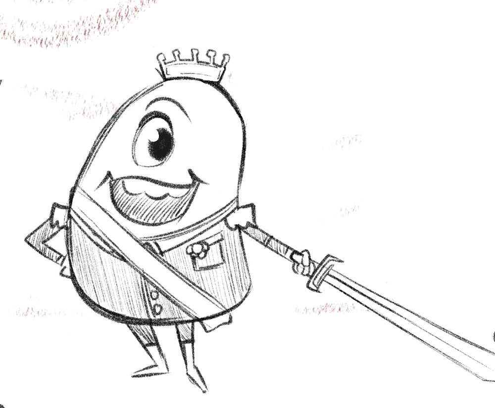 The leader of the Sickies, wearing a crown and a sash, holding a sword and grinning.