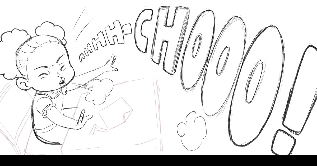 Hand-drawn sketch of a little girl sneezing — Who Can Stop the Sickies?